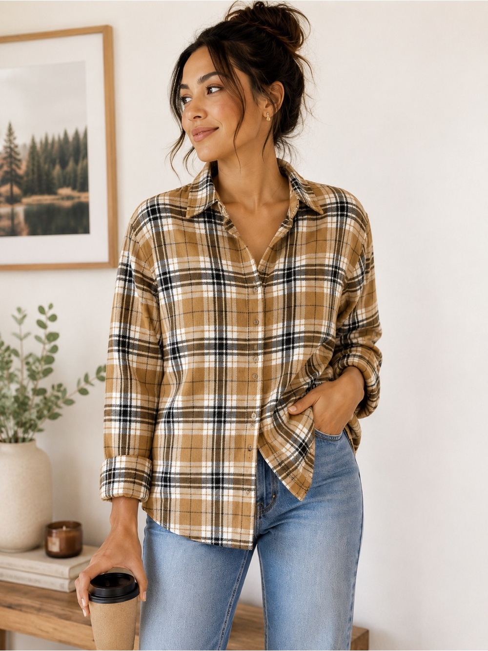 GAP Camel Plaid Flannel Button Front Shirt 100% Cotton XS